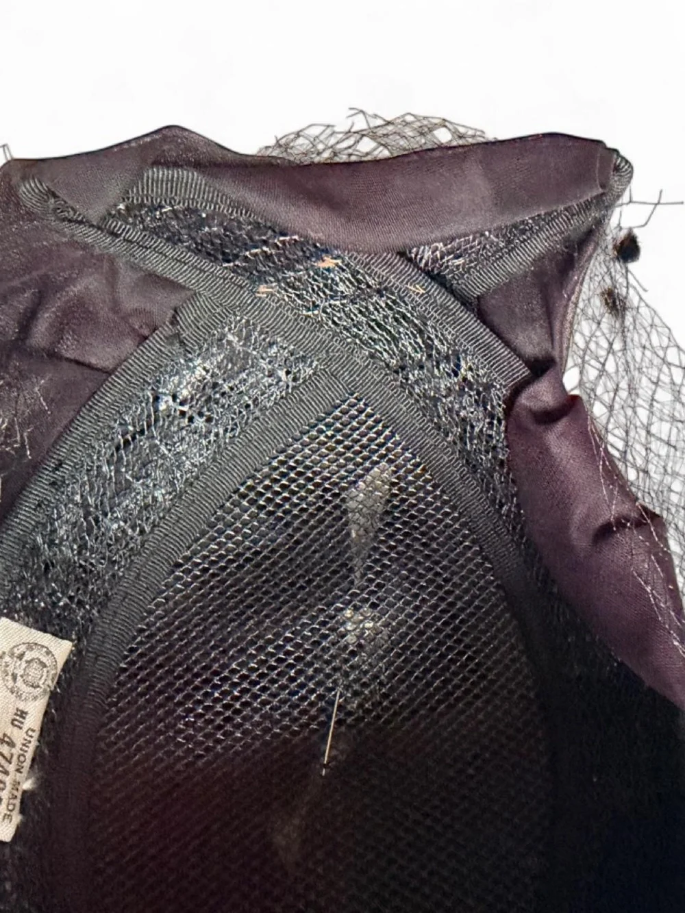 Vintage 1950s Black Silk Pillbox Hat Birdcage Veil Pearl Pin Union Tag